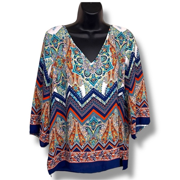 Large Renee C Colorful Boho Blouse Lightweight 3/4 Sleeve Vneck Boho Bohemian - Picture 1 of 12